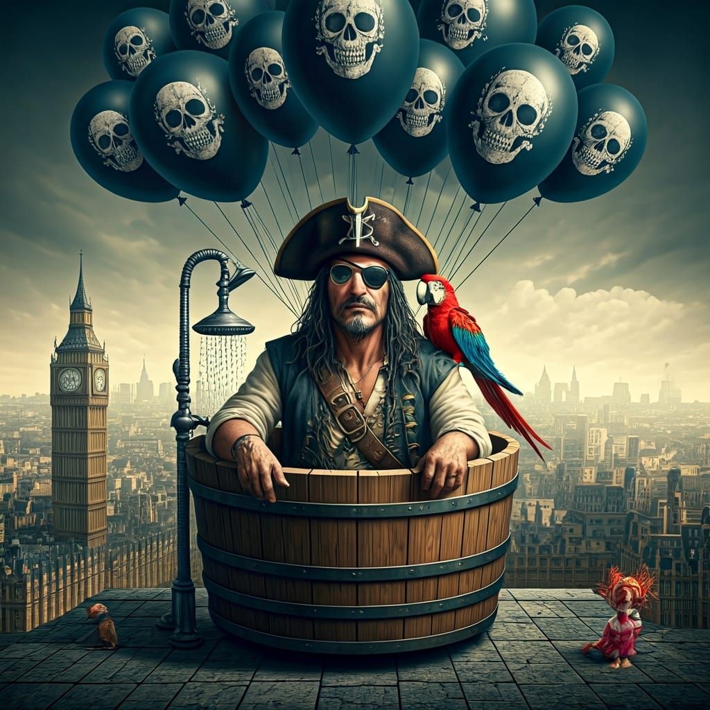 Pirate Bathing Above London in Surreal Watercolor Style