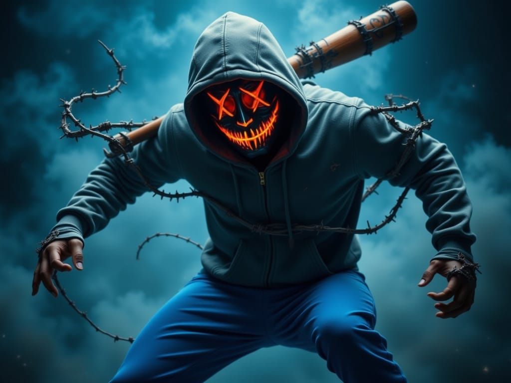 Masked Man with Barbed Wire Bat in Horrorcore Style