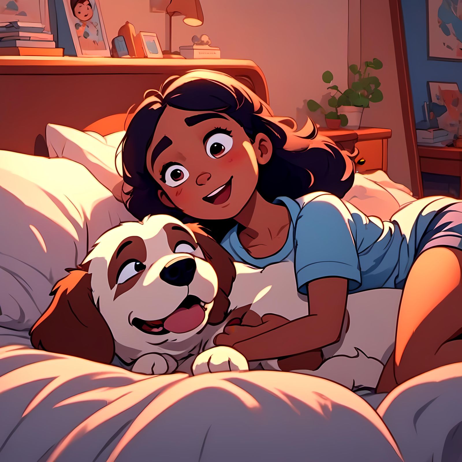 Girl Cuddling Dog in Cartoon Art Style