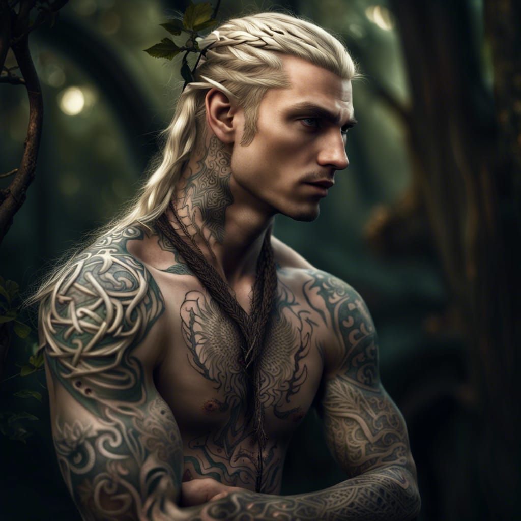 Elven Man Portrait with Braided Hair and Tattoos