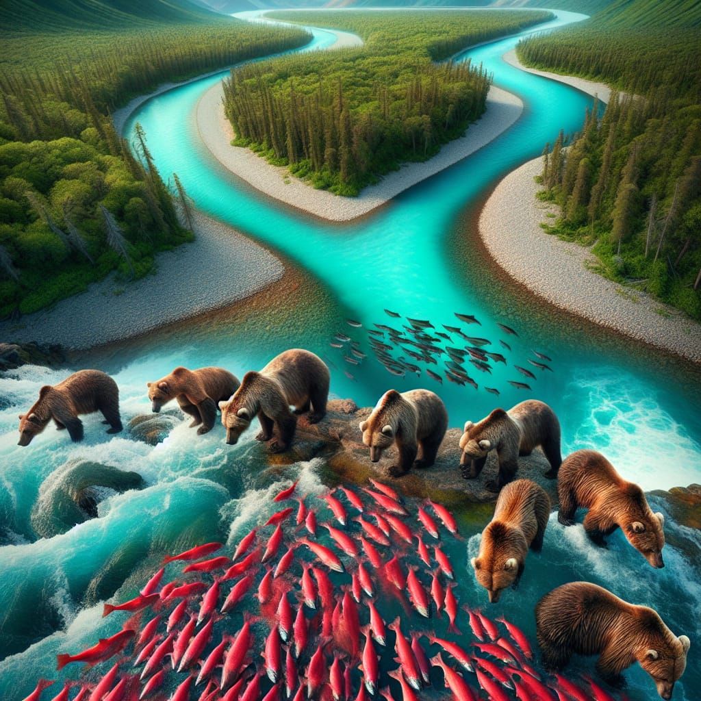 Brown Bears Await Salmon in Turquoise River