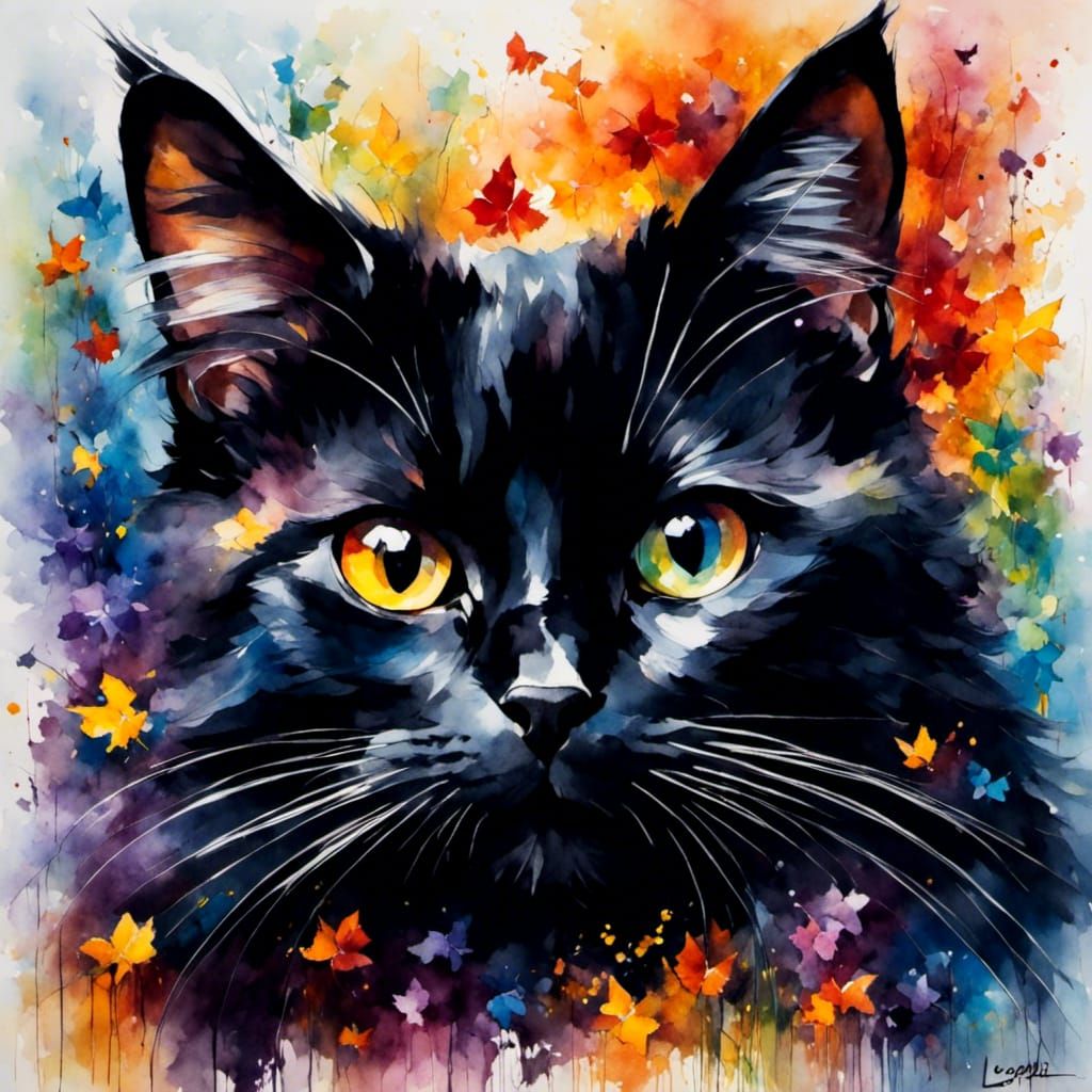 Colorful Impressionist Black Cat Painting
