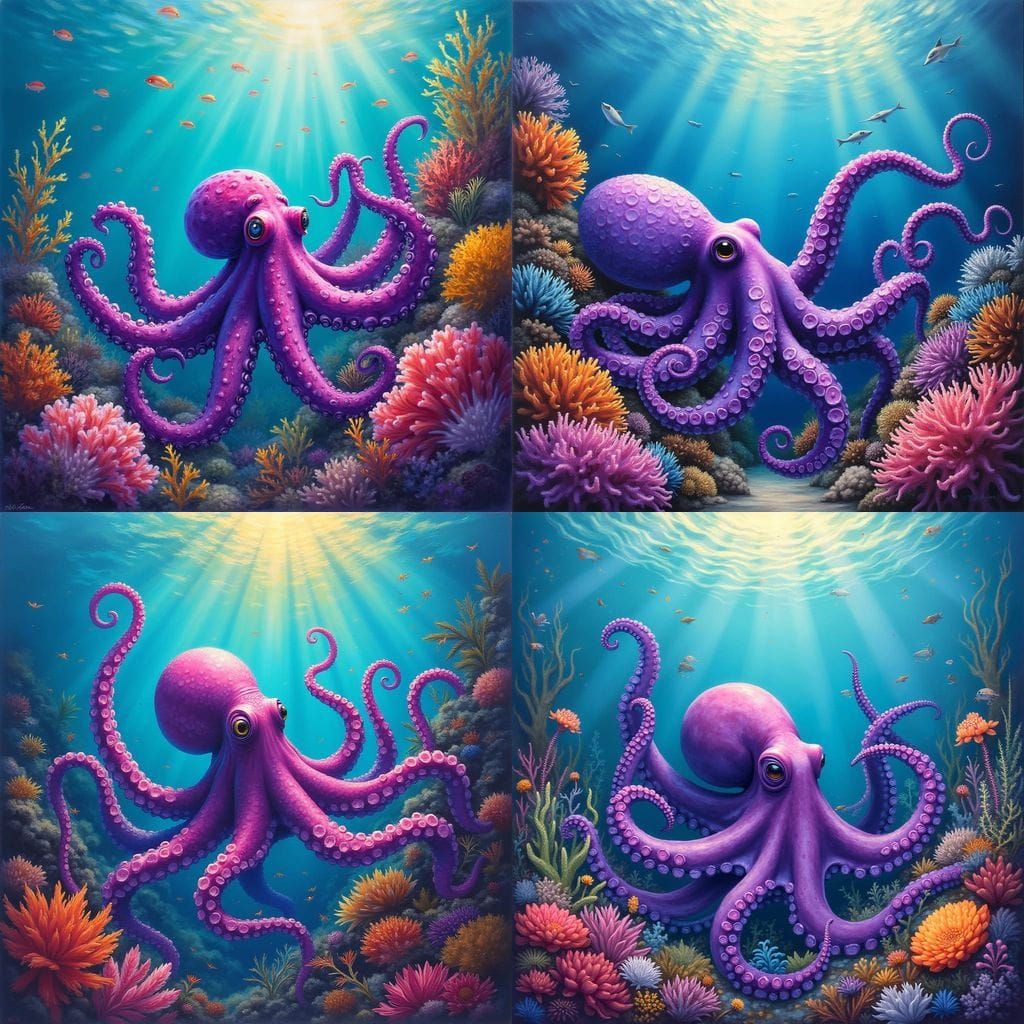 Purple Octopus in Sunlit Undersea Garden as Oil Painting