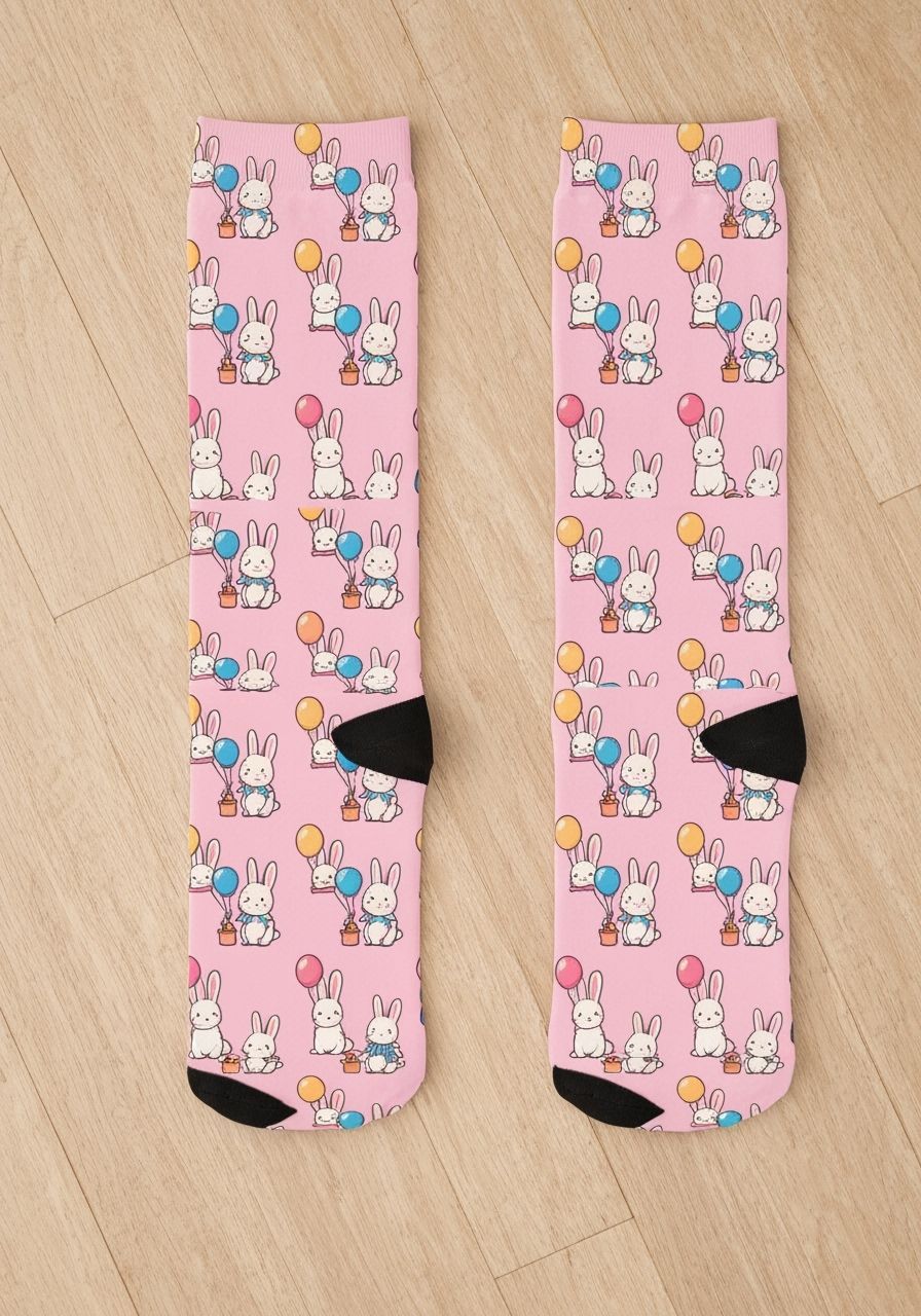 Socks with Cartoon Rabbits and Balloons Pattern