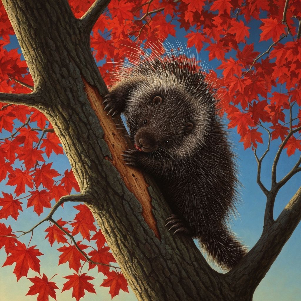 Porcupine Eats Bark from Autumn Maple Tree