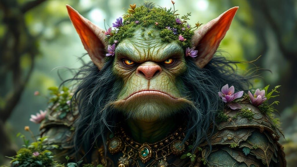 Elegant Earthy Fantasy Troll with Moss-Covered Armor