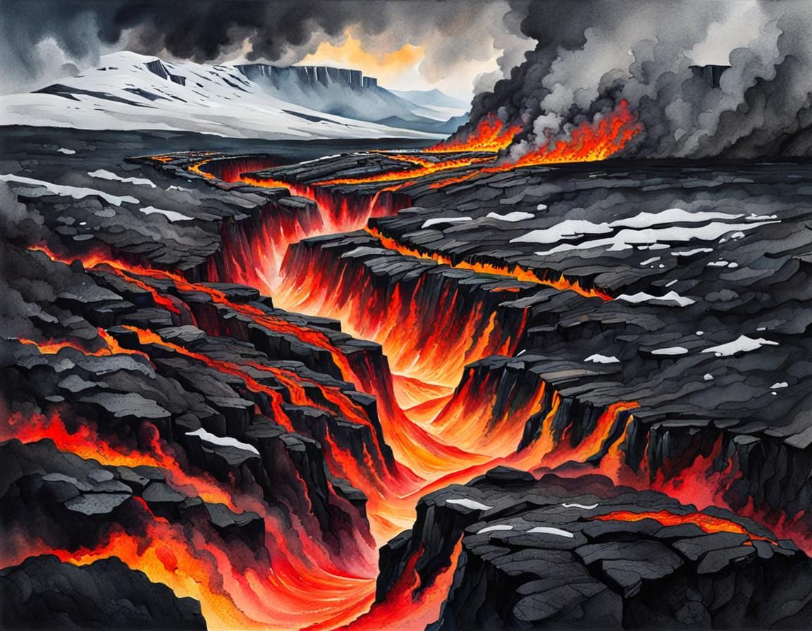 Icelandic Fissure Volcano Eruption in Watercolour