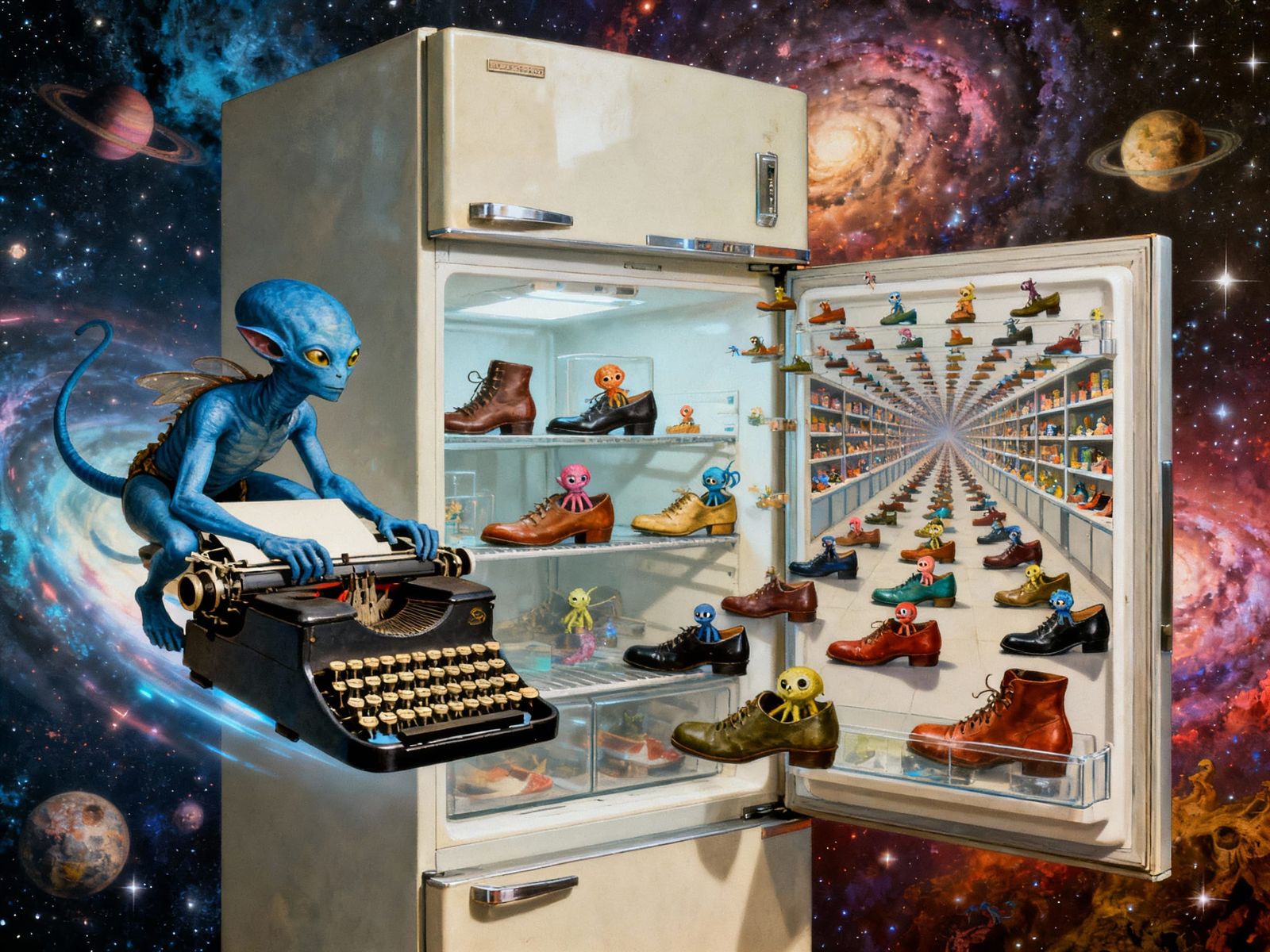 Alien Riding Typewriter Orbits Fridge to Galactic Shoe Shop