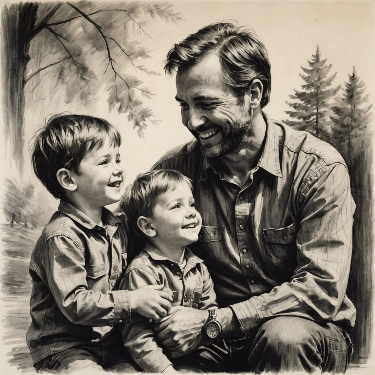 Father and Children: Emotional Charcoal Sketch