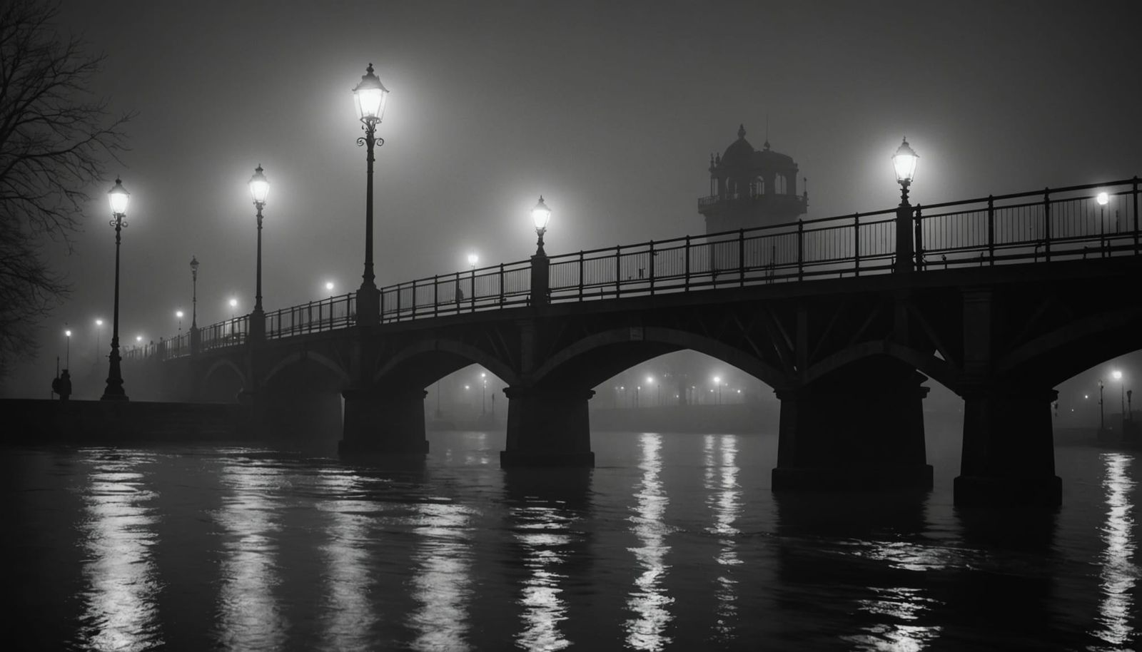 Moody Black-and-White Noir Scene of a Foggy Vintage Bridge