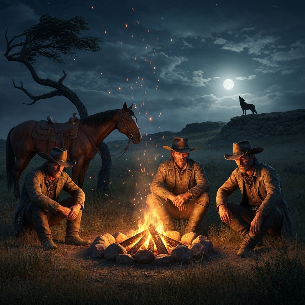 Cinematic Western Night: Cowboys by Campfire on Moonlit Prai...