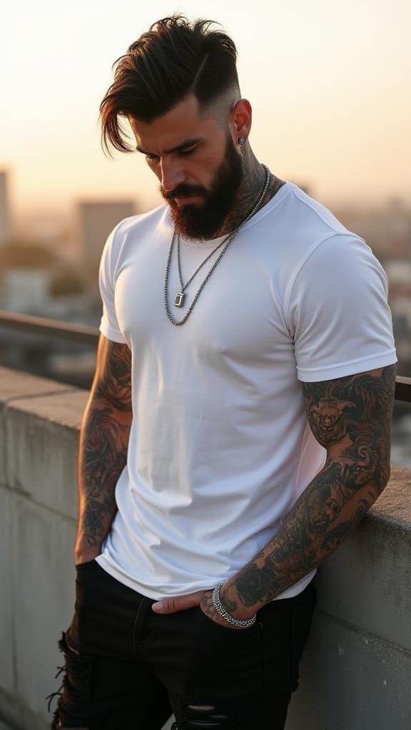 Hyperrealistic Portrait of a Tattooed Man in Golden Light