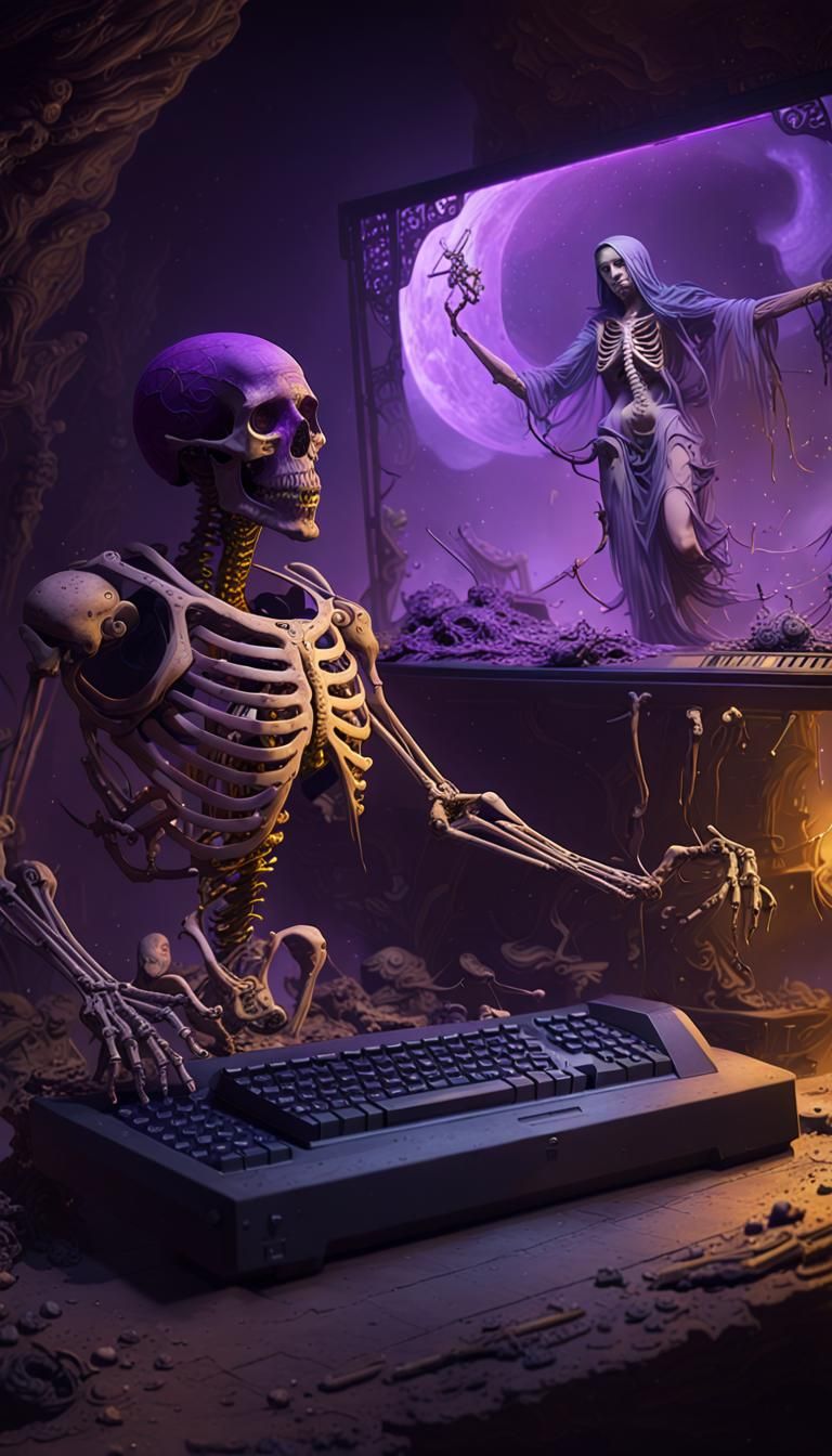 Skeleton Above Dusty Computer: Dark Fantasy Concept Art