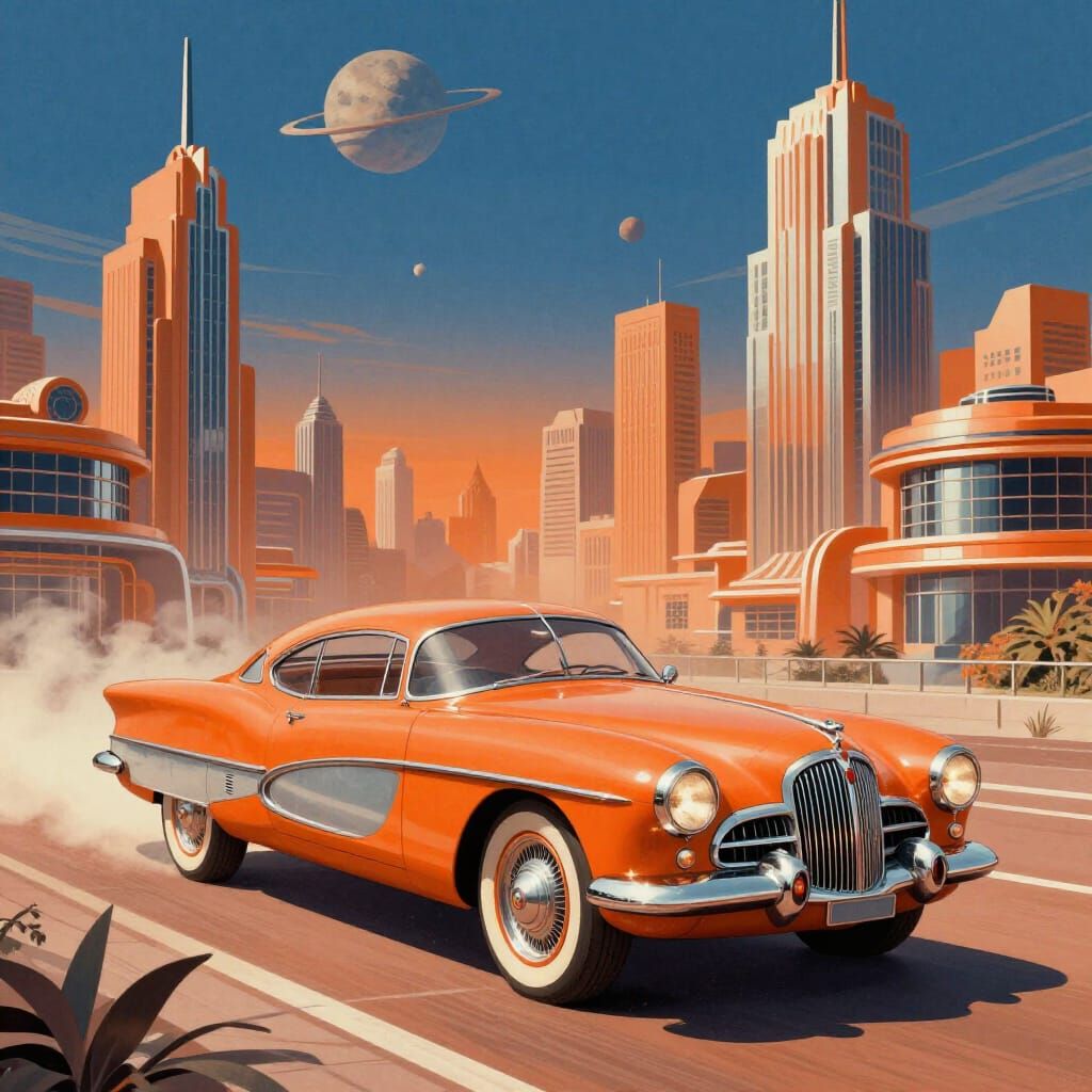 Retro Art Deco Cityscape with Vintage Flying Cars