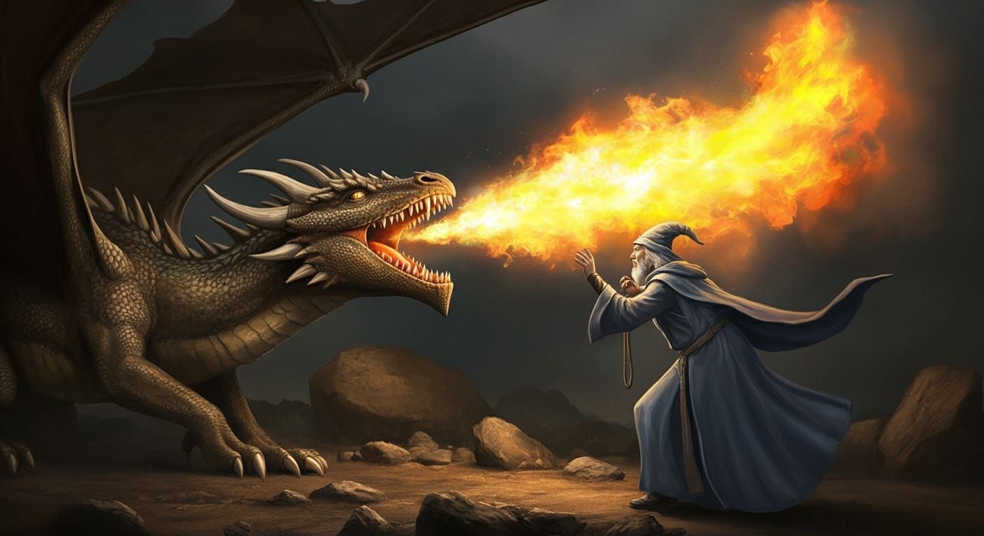 A Powerful Wizard Unleashes Flames on a Perplexed Dragon in ...