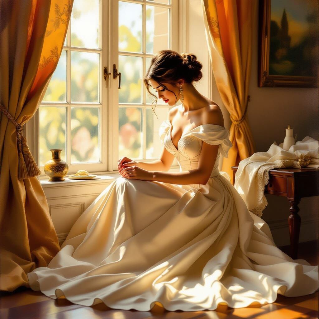 Seamstress Adds Final Touches to Gown in Oil Impasto Style