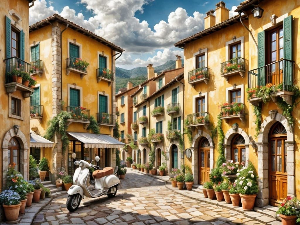 Italian Courtyard Oil Painting with Vibrant Colors