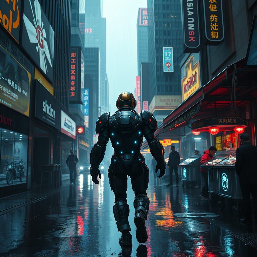 Cyberpunk Warrior in High-Tech Armor