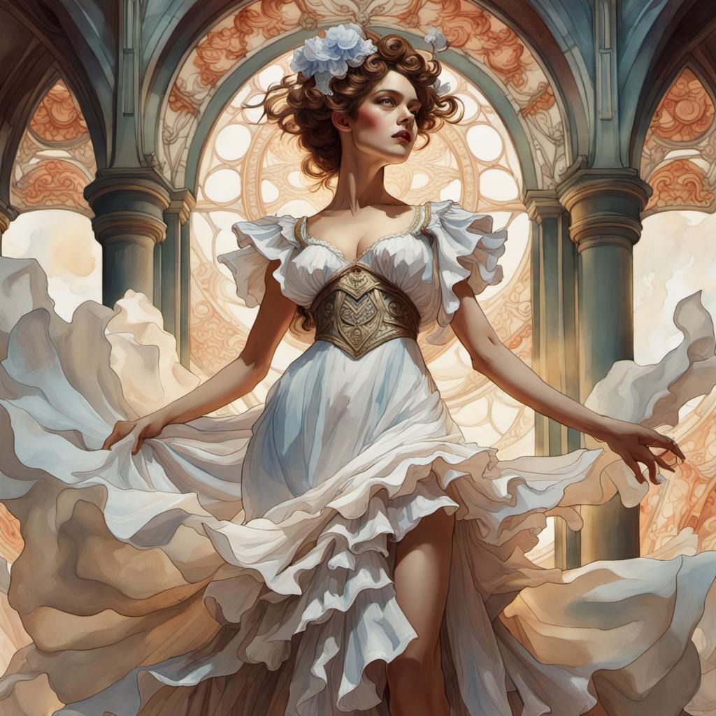 Woman in White Silk Dress, Art Nouveau Style