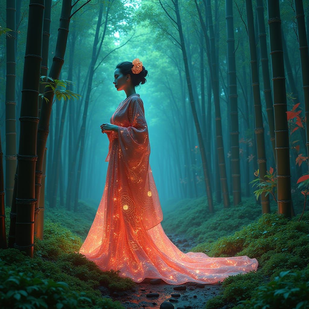 Cyborg Geisha in Neon Bamboo Forest