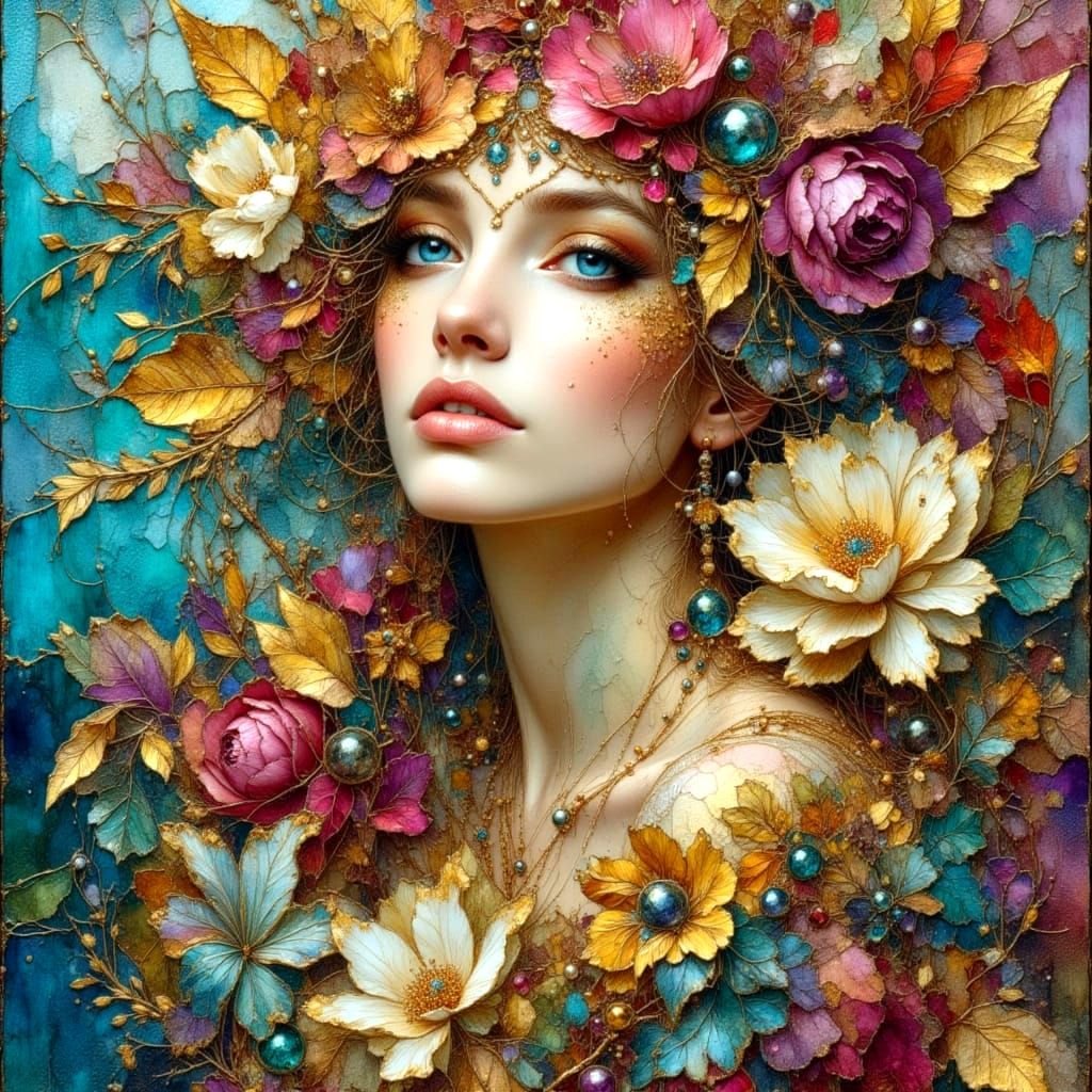 Romantic Floral Portrait with Metallic Textures