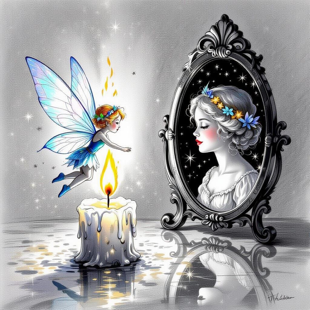 Little Thumbelina Reflected in Mirror Above Candle Flame