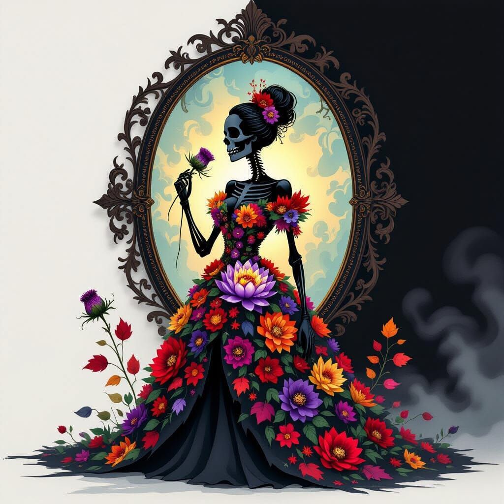 Skeletal Figure in Floral Gown Sketch