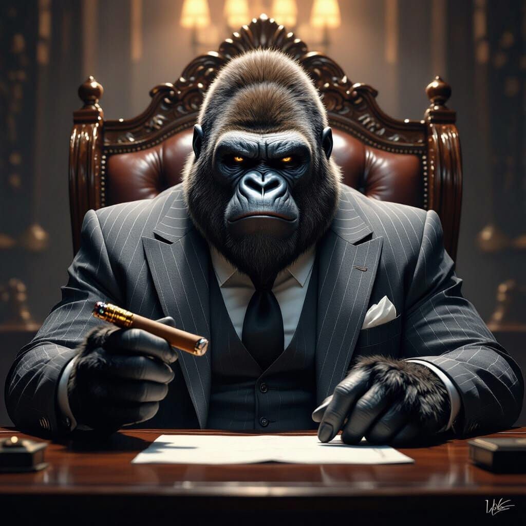 Gorilla Gangster Boss in Italian Suit Smoking Cigar