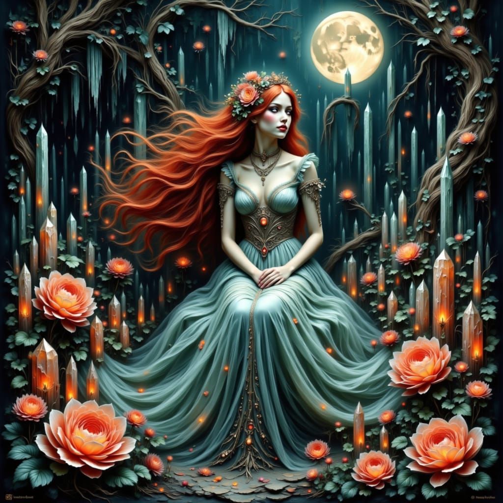 Celestial Maiden in Bioluminescent Grotto, Art Nouveau