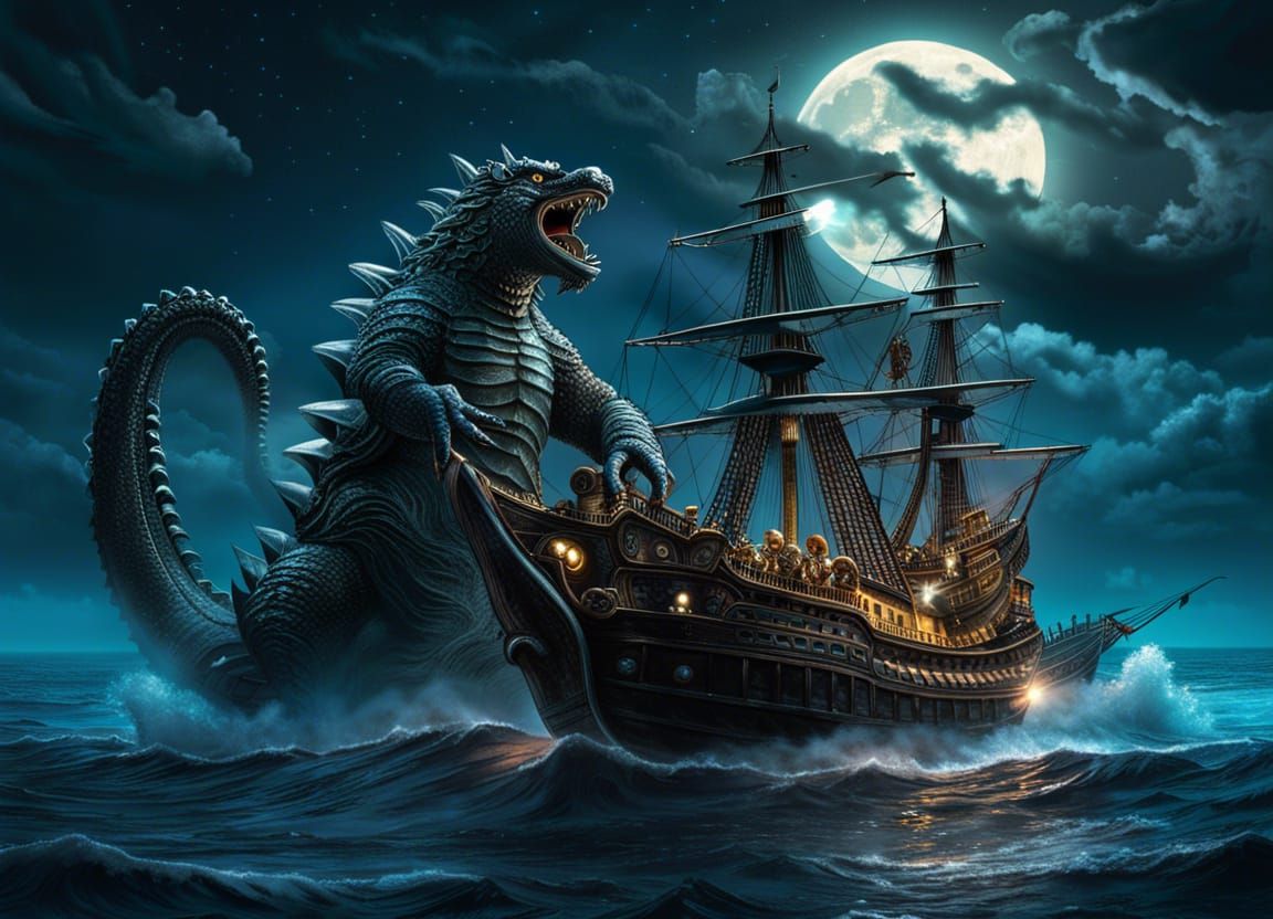 Godzilla and Cthulhu Selfie Under Full Moon