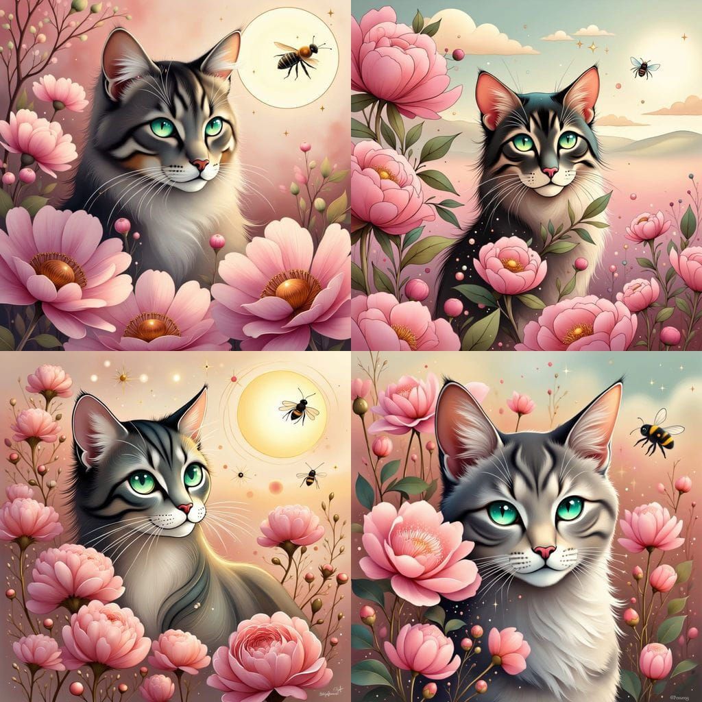 Tabby Cat Portrait with Peonies and Bees