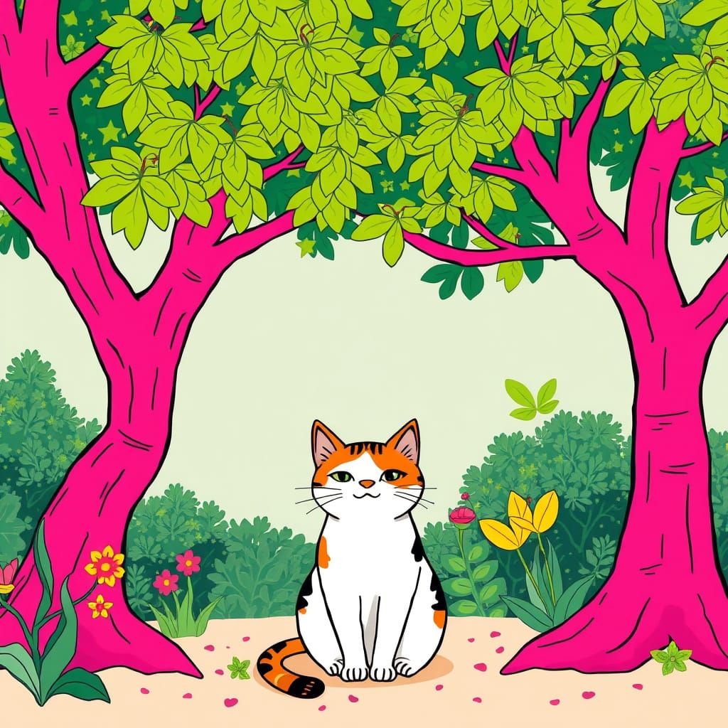 Whimsical Cat Beside Vibrant Pink Trees