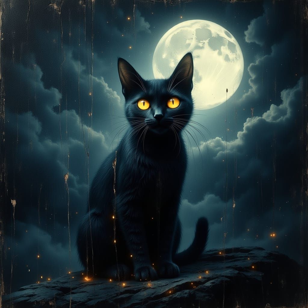 Black Cat Under Full Moon with Glowing Eyes