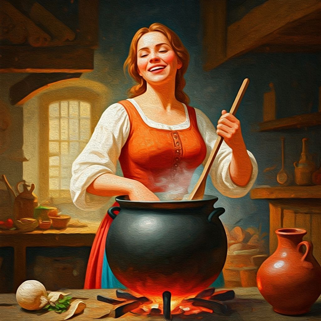 Woman Stirring Cauldron in Cozy Medieval Kitchen