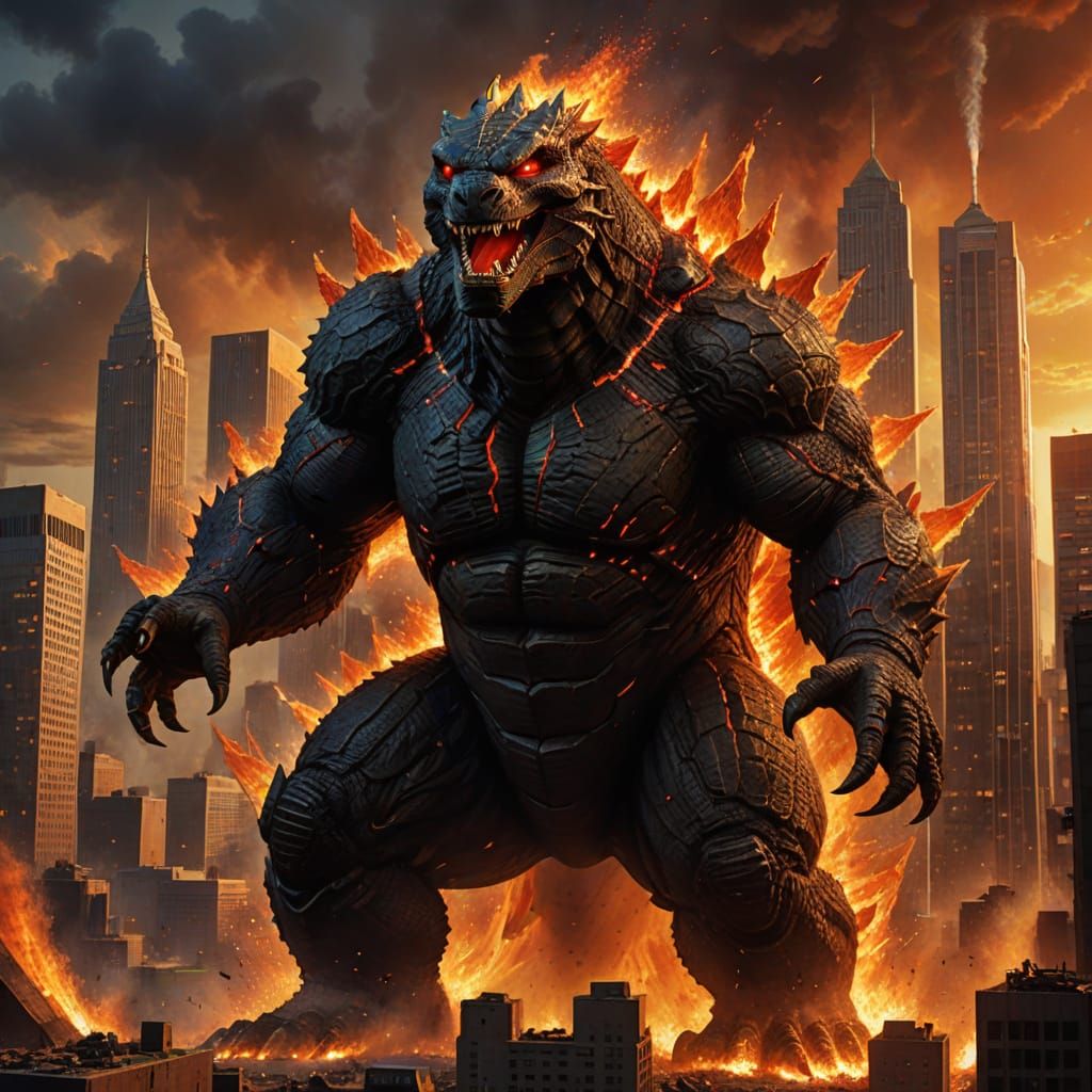 Godzilla Emerges from Crumbling Cityscape in Vibrant Concept...