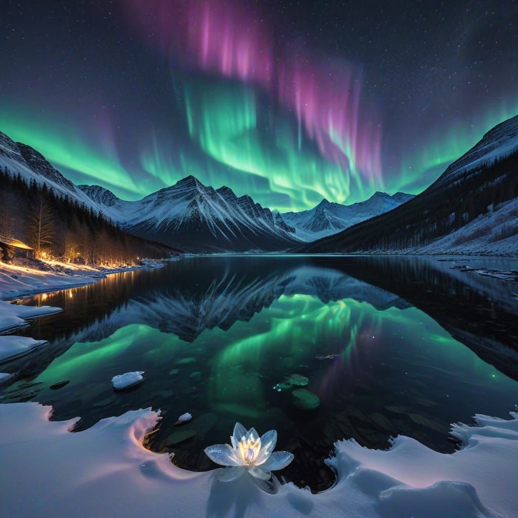 Floral Aurora Borealis Over Snowy Mountains