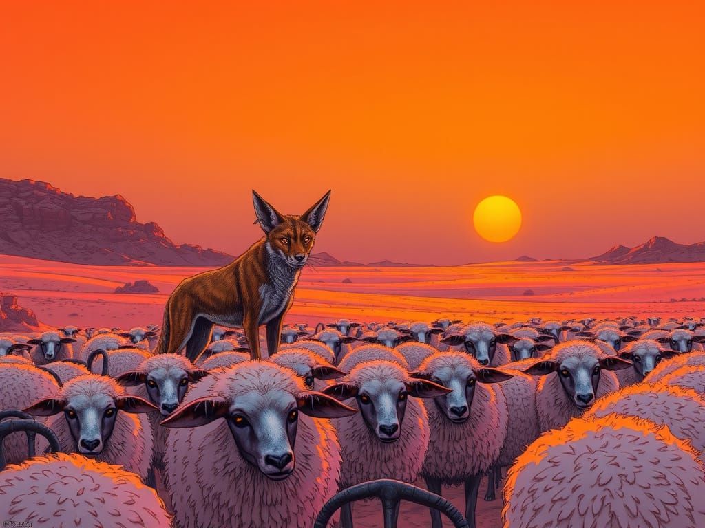 Jackal Watches Over Flock in Vibrant Desert Dusk Scene