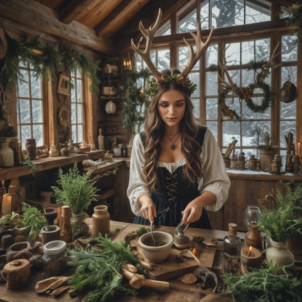 Plant Sorceress with Antlers and Winter Cottage