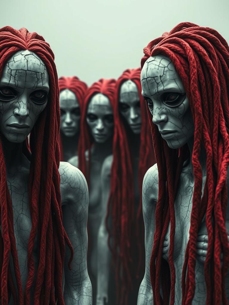 Eerie Porcelain Figures with Red Dreadlocks in Dark Fantasy