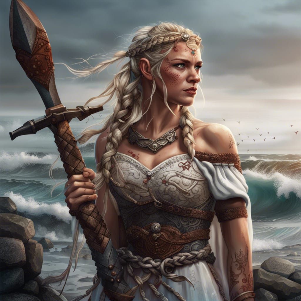 Viking Warrior Bride Victorious on Epic Seashore
