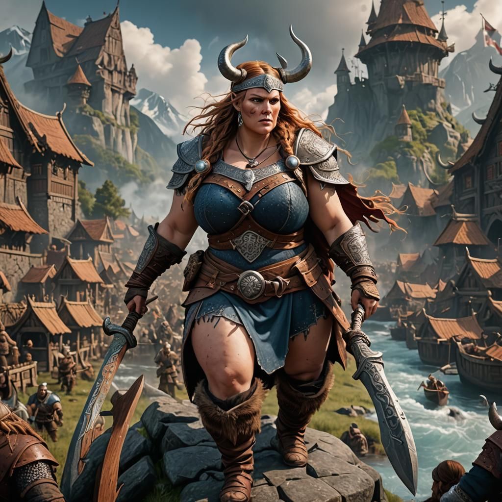 Viking Giantess Warrior: Detailed Matte Painting