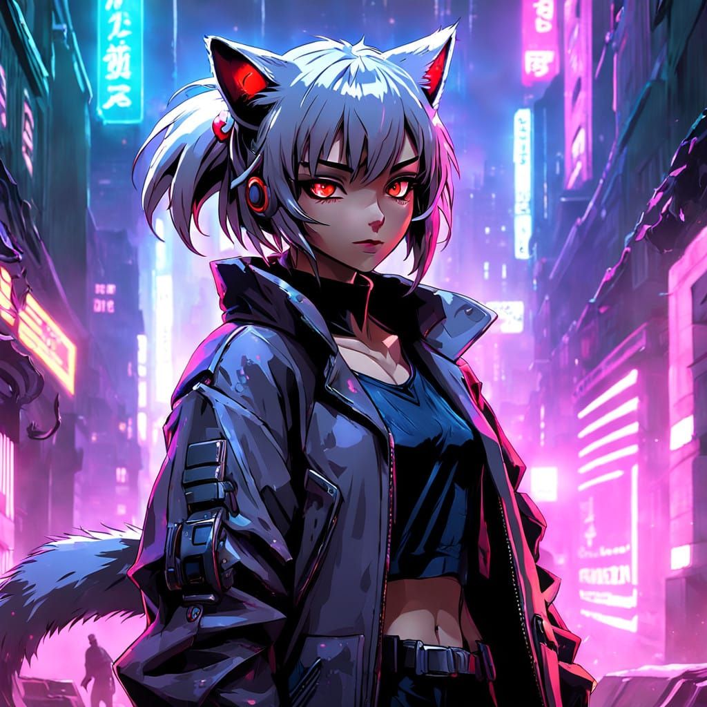 Cyberpunk Catgirl in Grey and Neon Hues