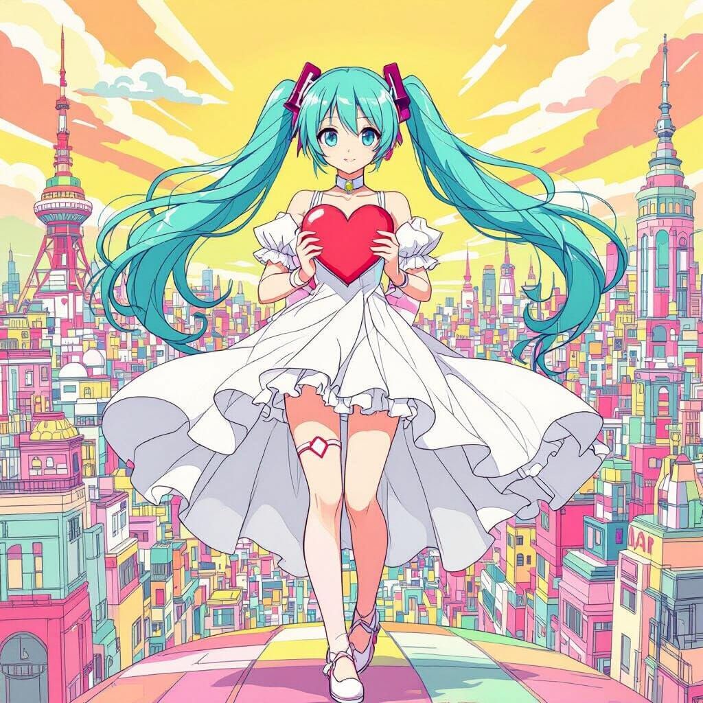Hatsune Miku Holds Heart Ward in Pastel Cityscape