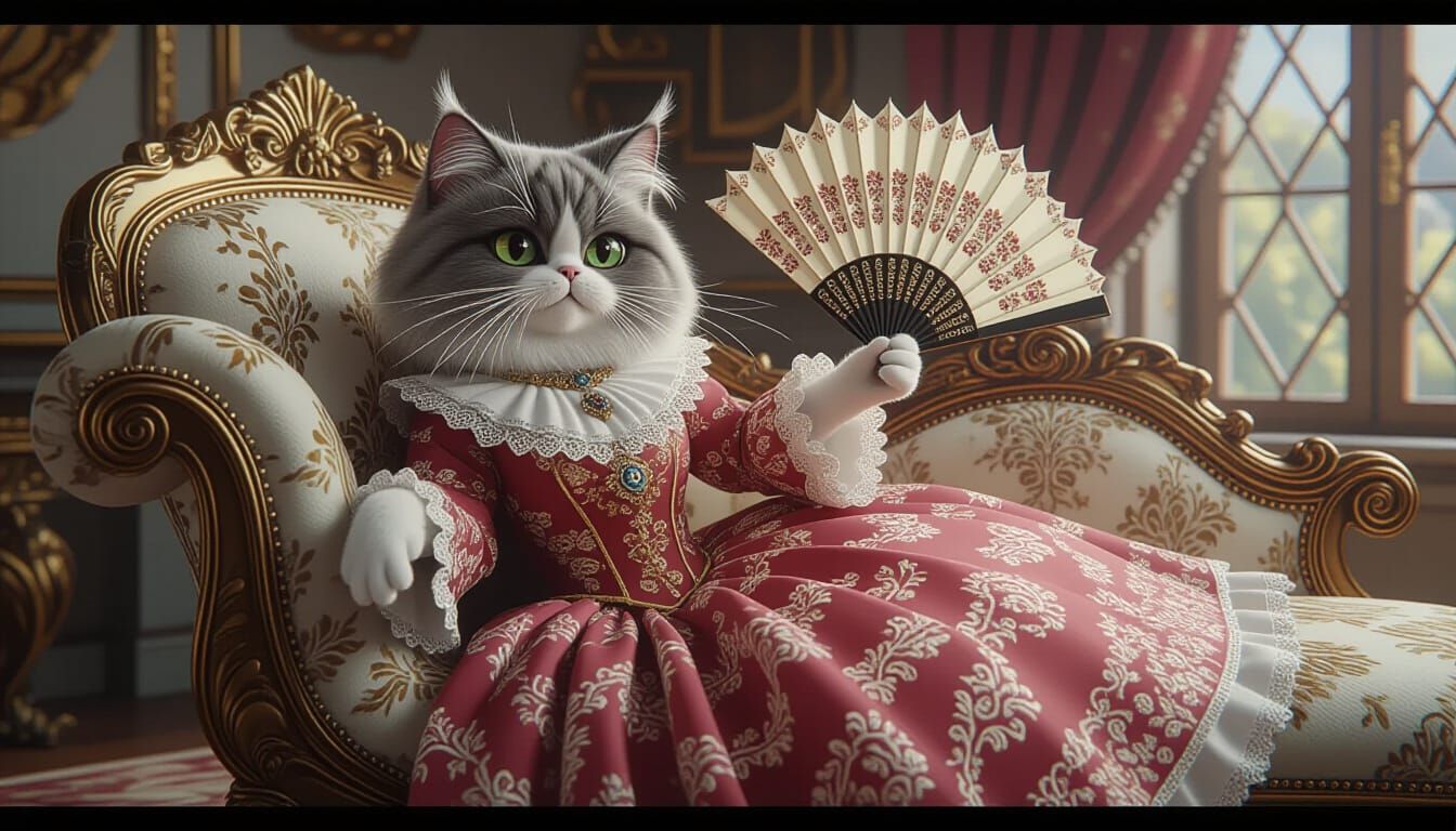 Victorian Cat Lady on Chaise Lounge in Anime Style