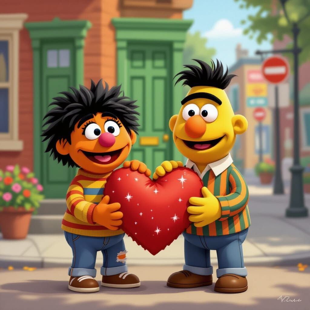 Ernie and Bert Share a Sparkling Heart Pillow in Digital Ill...