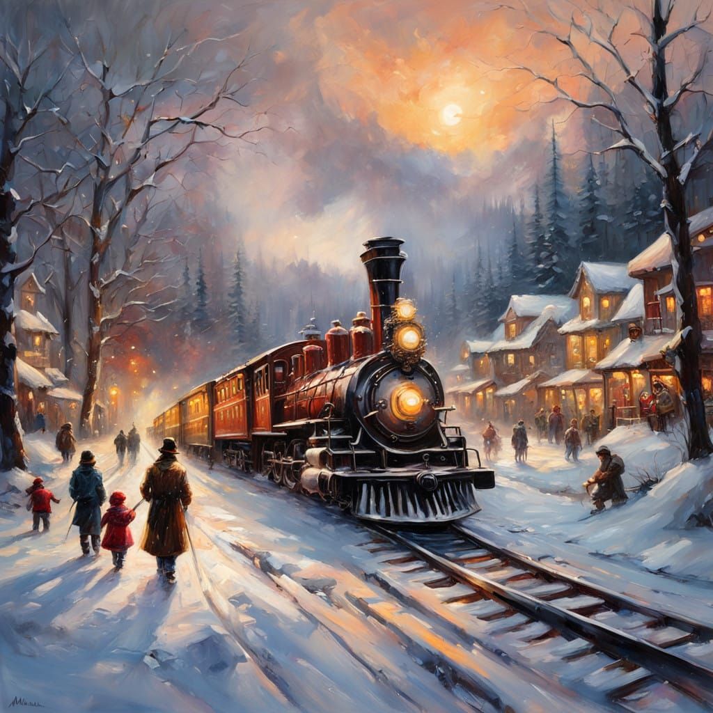 Vibrant Oil Painting of Christmas Train in Winter Wonderland