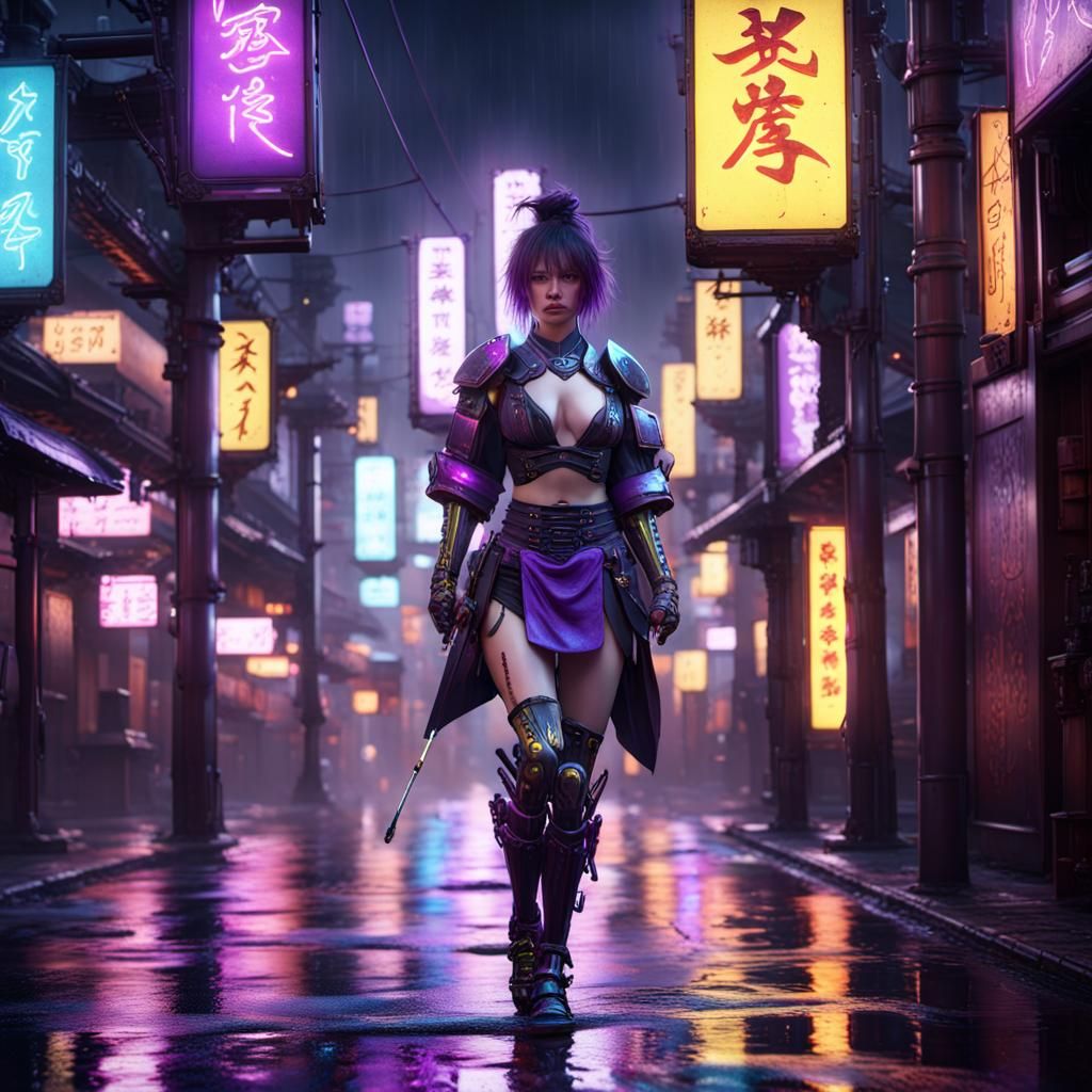 Cyberpunk Samurai on Neon Lit Street