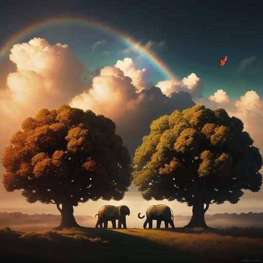 Surreal Lion and Peacocks Under Rainbow Sky