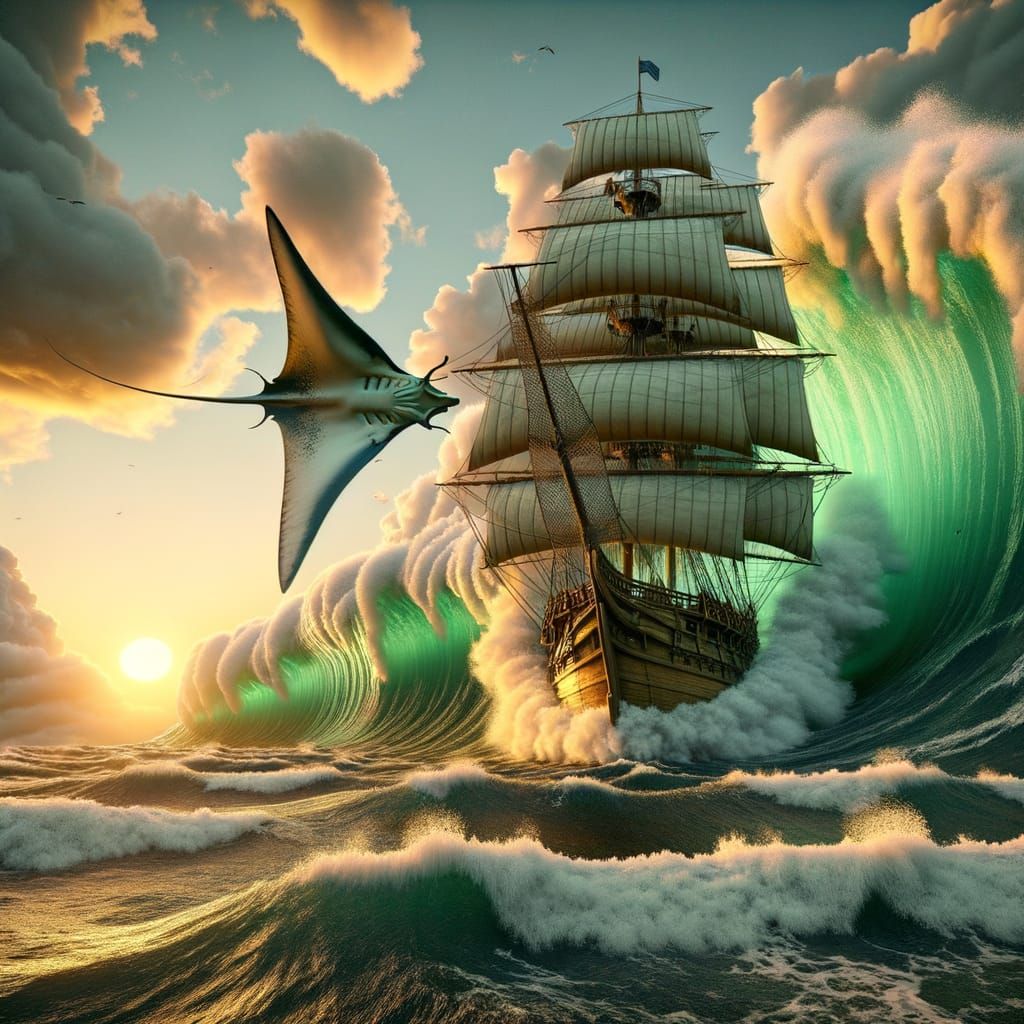 Surreal Spanish Galleon Leaps Through Rough Seas