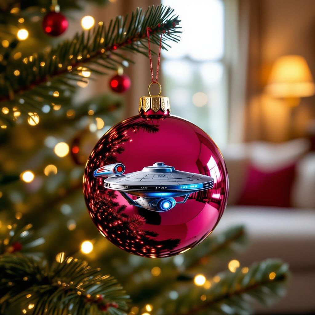 Pink Christmas Bauble Reflecting Starship Enterprise